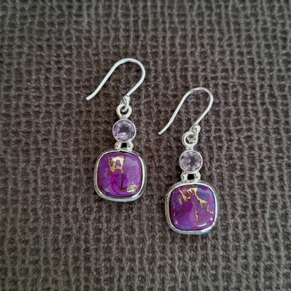 Shivam Square Shaped Purple💜 Copper Turquoise With Gold💛 Veins Earrings - Picture 14 of 16